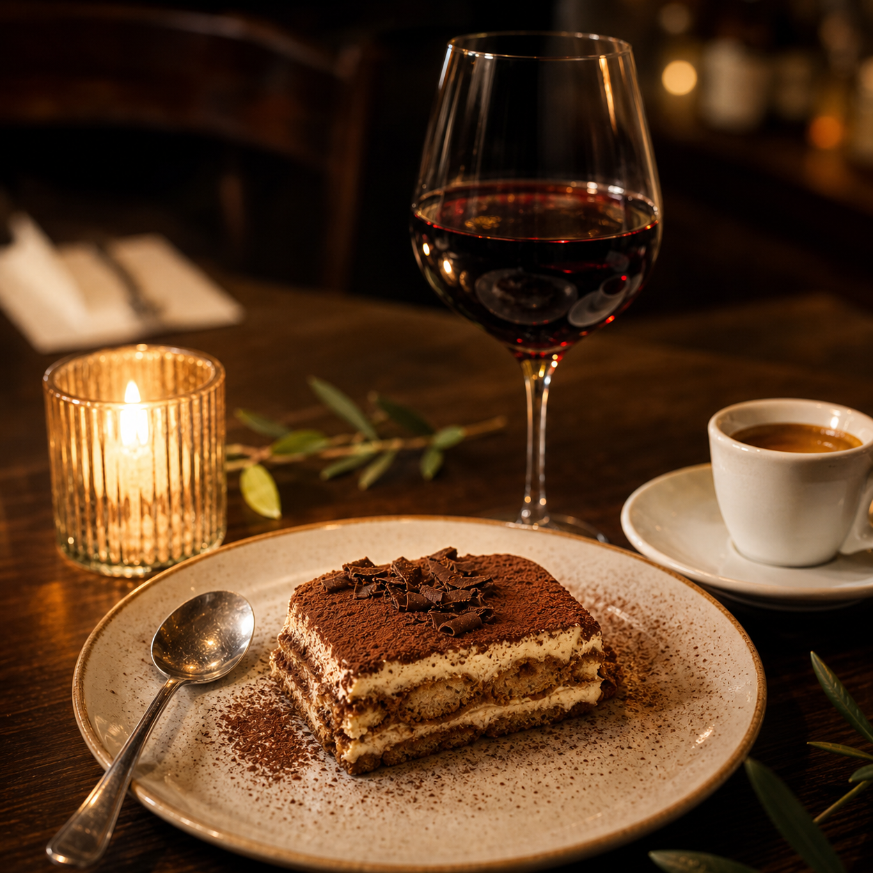 Concept image of tiramisu and wine for La Bottega