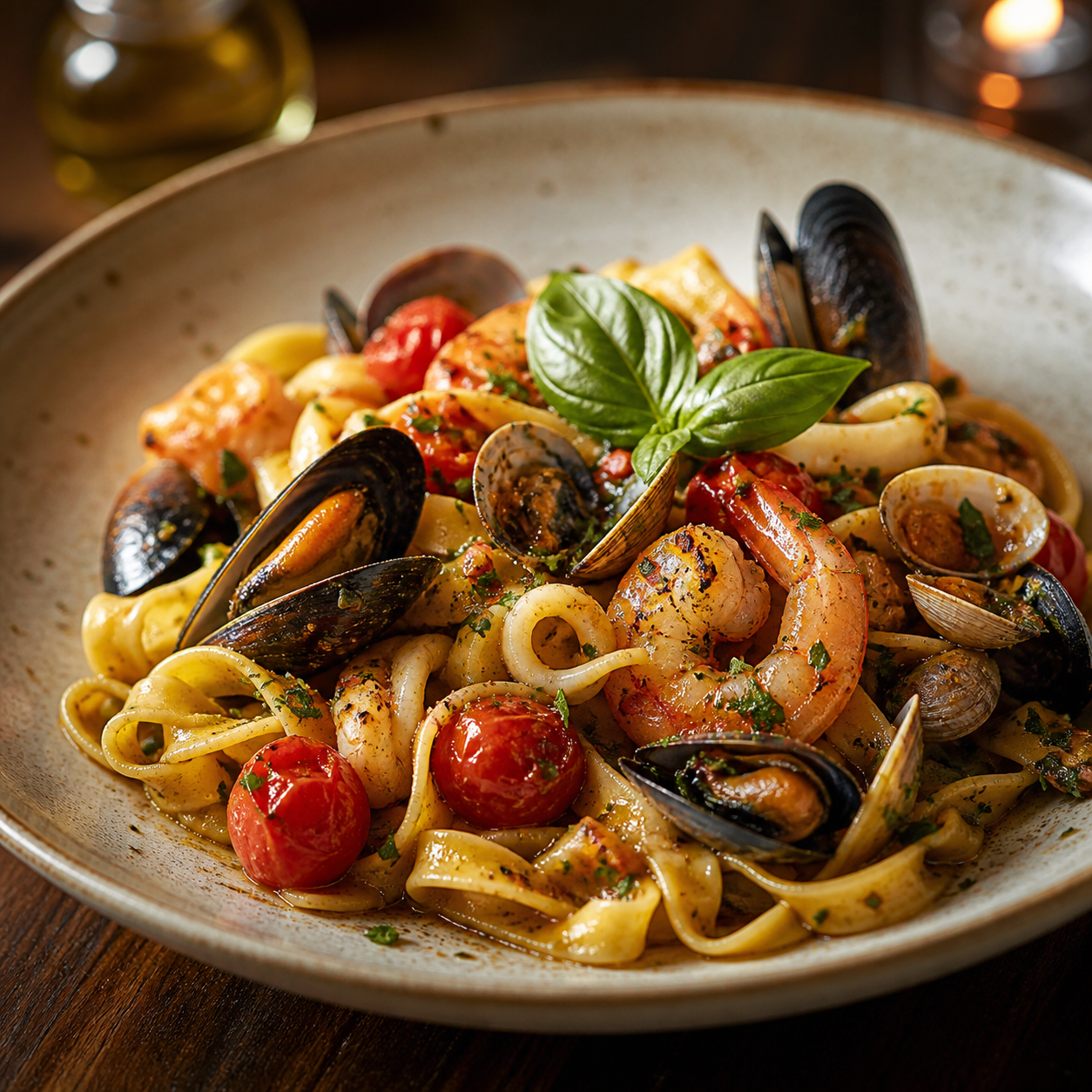 Concept image of seafood pasta for La Bottega